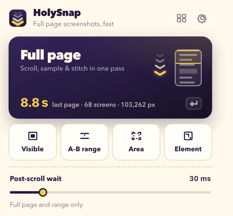 HolySnap popup with the Full page capture button: last capture 68 screens, 103,262 px, 8.8 seconds